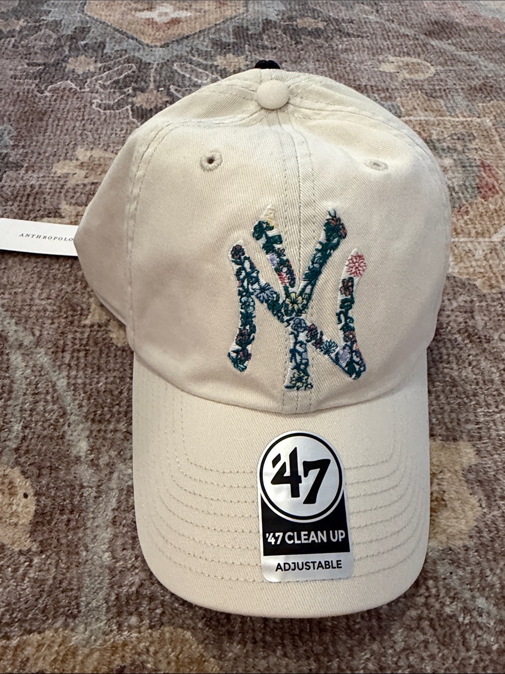 Anthropologie Floral NY Logo Baseball Cap - Cream with Green Embroidery
